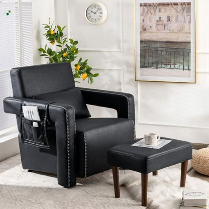 Modern Berber Fleece Single Sofa Chair with Ottoman and Waist Pillow-Black
