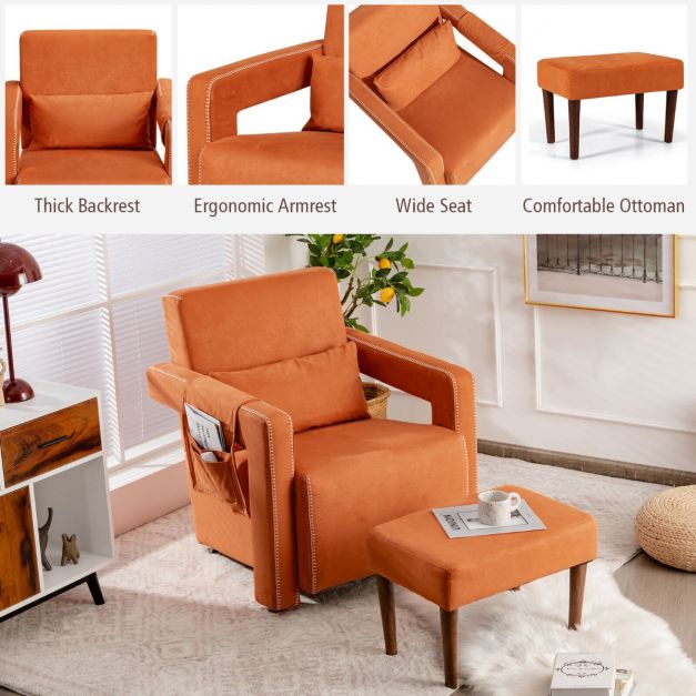 Modern Berber Fleece Single Sofa Chair with Ottoman and Waist Pillow-Orange