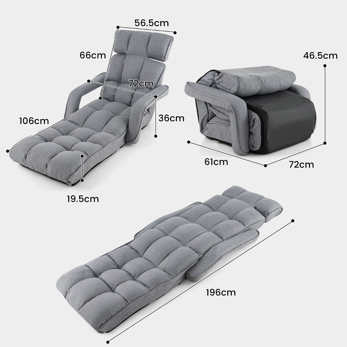 Folding Sofa Bed with 6 Adjustable Positions and 8-Angle Footrest-Grey