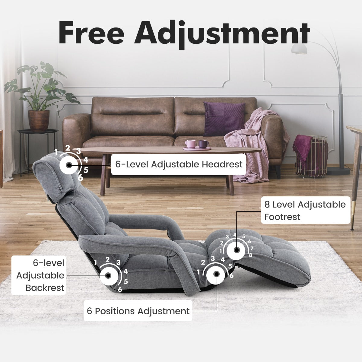 Folding Sofa Bed with 6 Adjustable Positions and 8-Angle Footrest-Grey