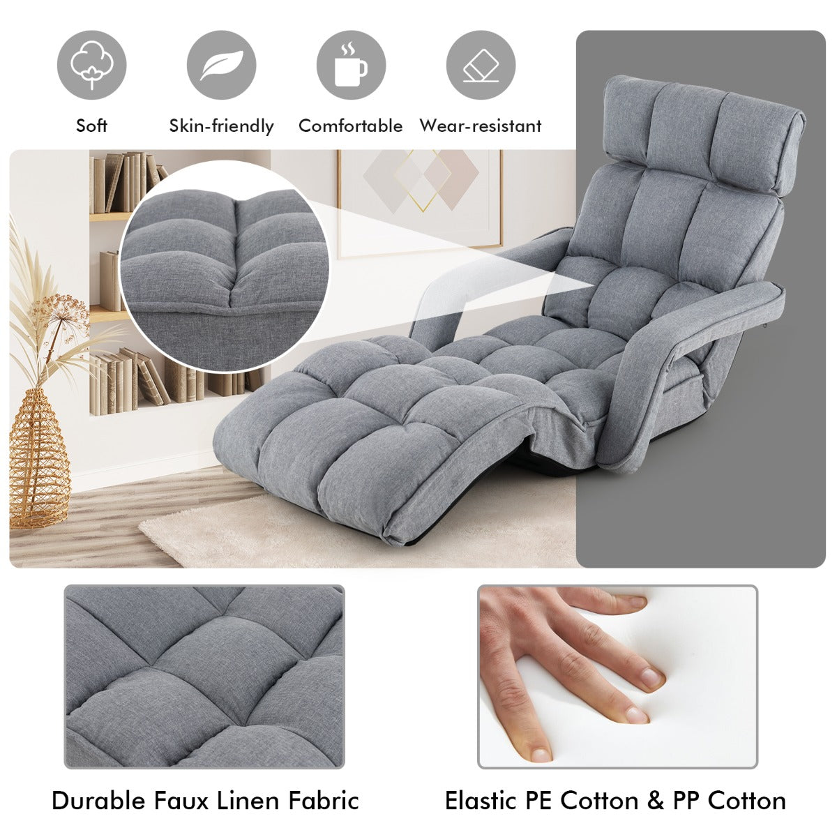 Folding Sofa Bed with 6 Adjustable Positions and 8-Angle Footrest-Grey