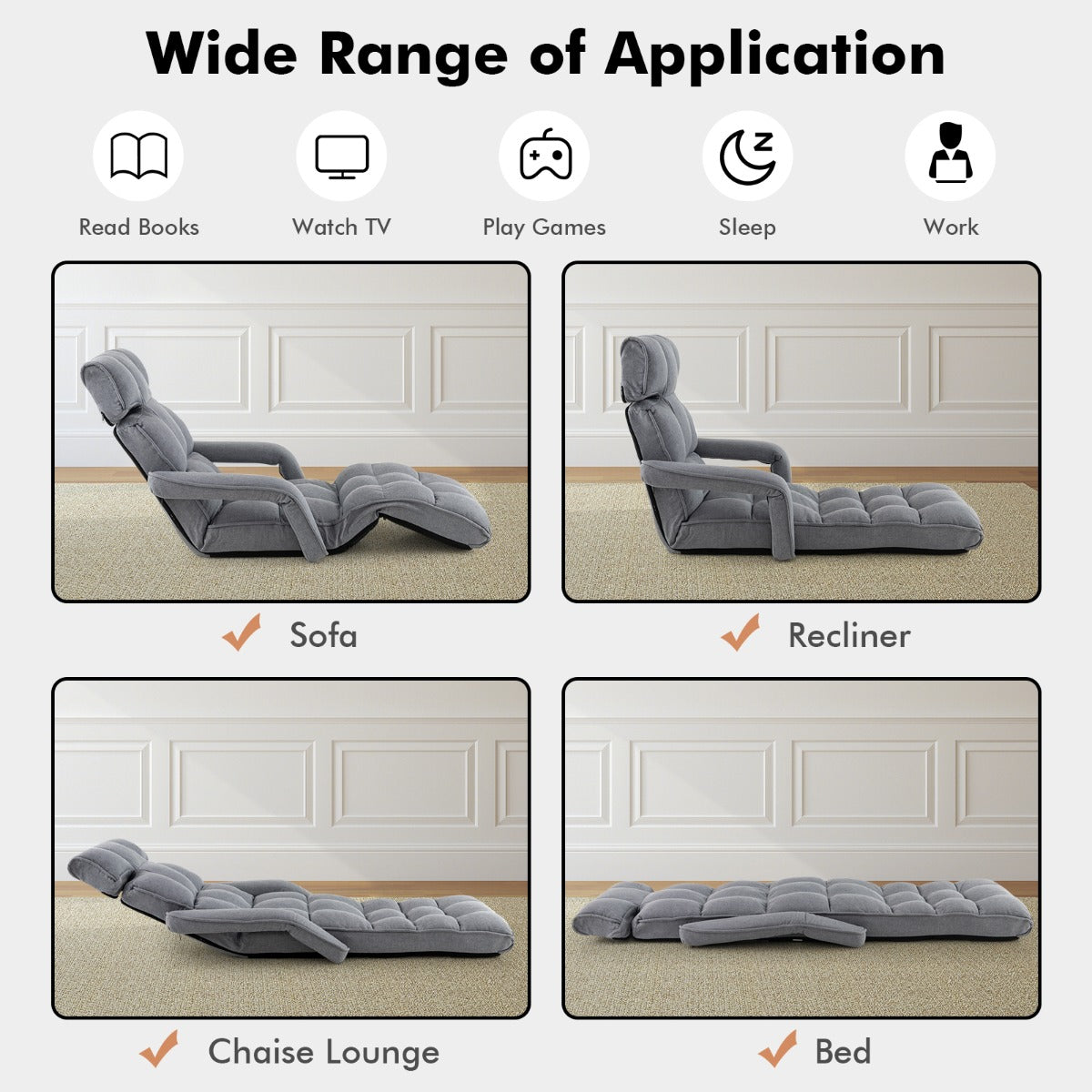 Folding Sofa Bed with 6 Adjustable Positions and 8-Angle Footrest-Grey