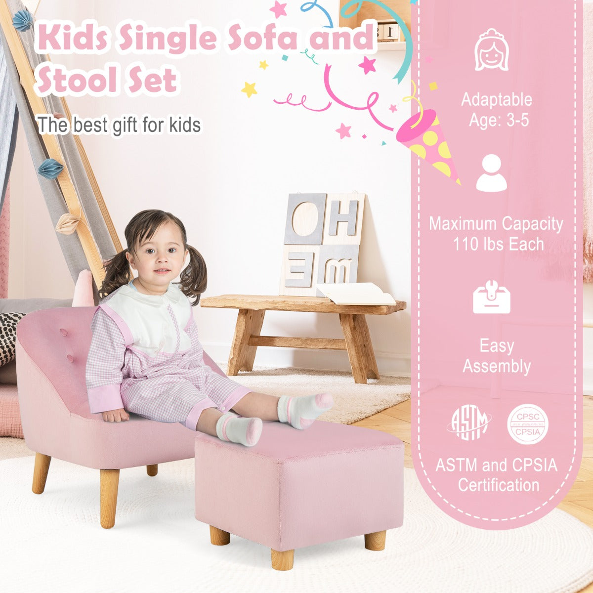 2 Pieces Upholstered Kids Sofa Set with Ottoman-Pink