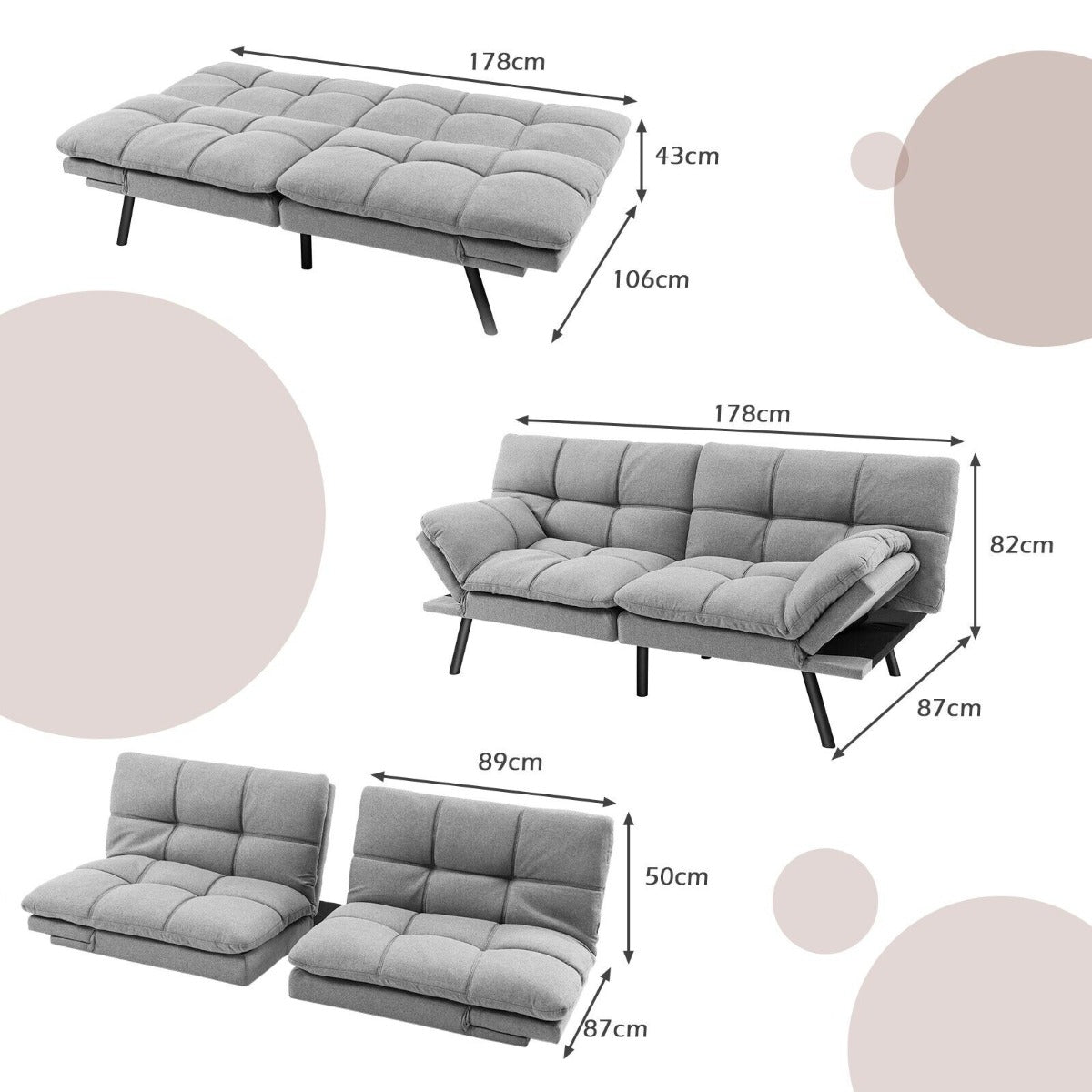 2 Seater Convertible Sofa Bed with Reclining Backrest-Grey