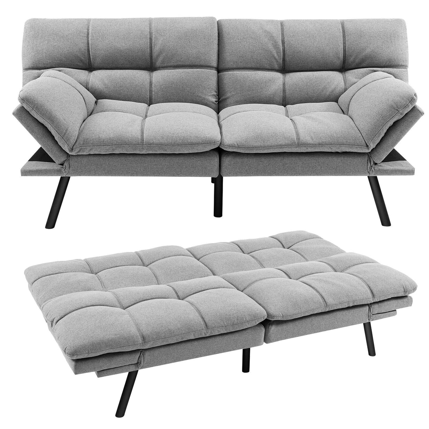 2 Seater Convertible Sofa Bed with Reclining Backrest-Grey