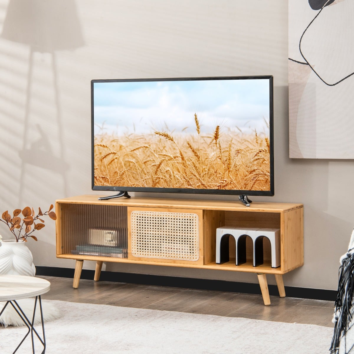 Bamboo Entertainment Center with Rattan and Tempered Glass Sliding Doors-Natural