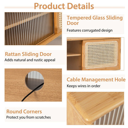 Bamboo Entertainment Center with Rattan and Tempered Glass Sliding Doors-Natural