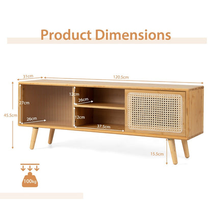 Bamboo Entertainment Center with Rattan and Tempered Glass Sliding Doors-Natural