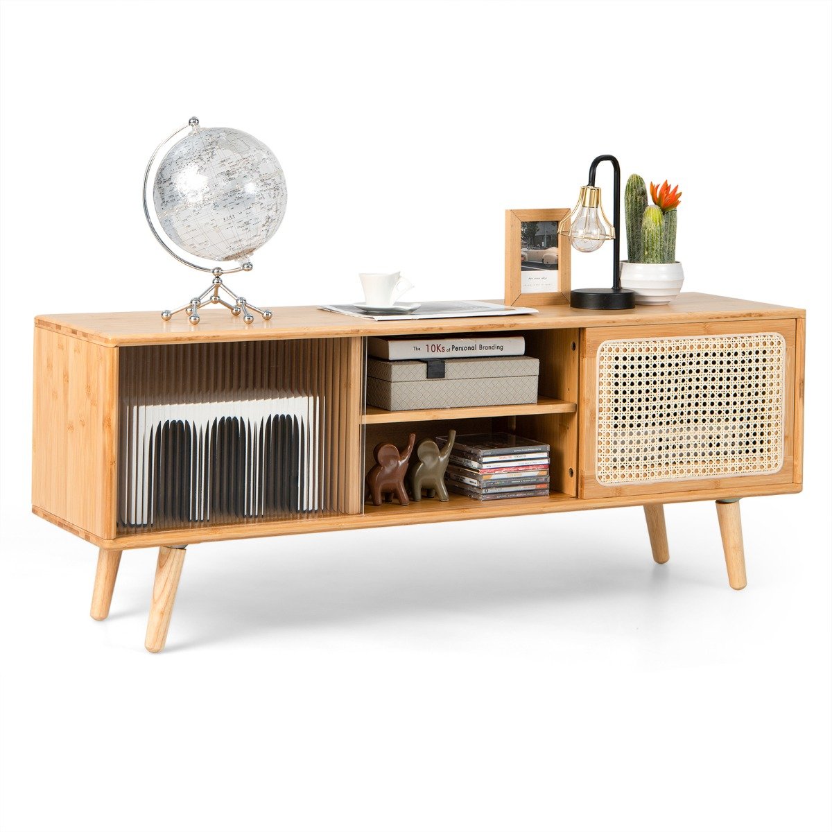 Bamboo Entertainment Center with Rattan and Tempered Glass Sliding Doors-Natural