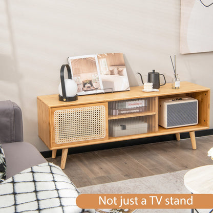 Modern TV Stand with Rattan Glass Sliding Doors-Natural