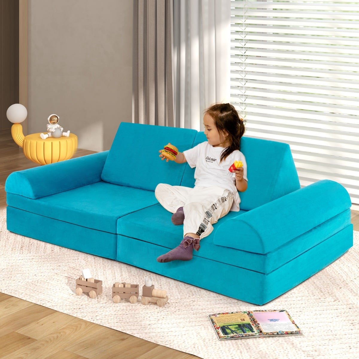 6 Pieces Modular Convertible  Kids Play Couch Sofa-Green