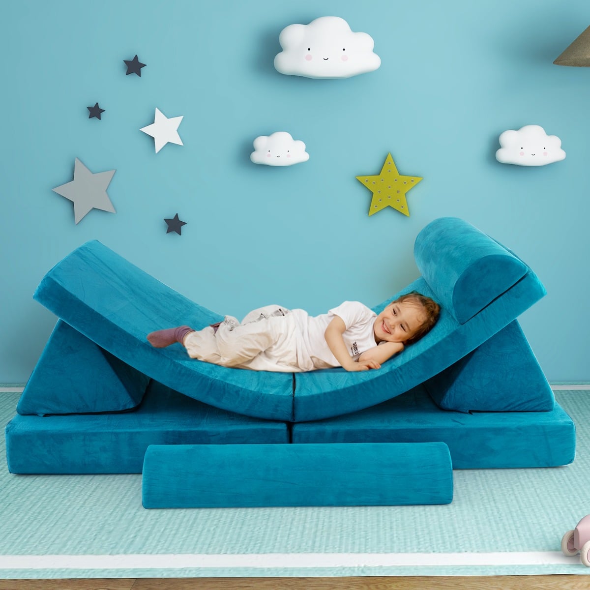 6 Pieces Modular Convertible  Kids Play Couch Sofa-Green