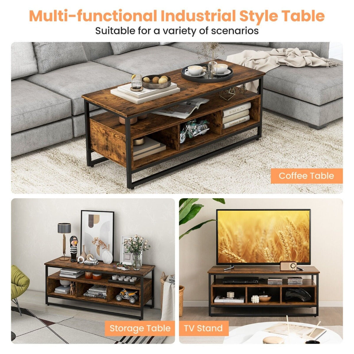 Industrial 3-Tier Coffee Table Home Cocktail Table with Storage
