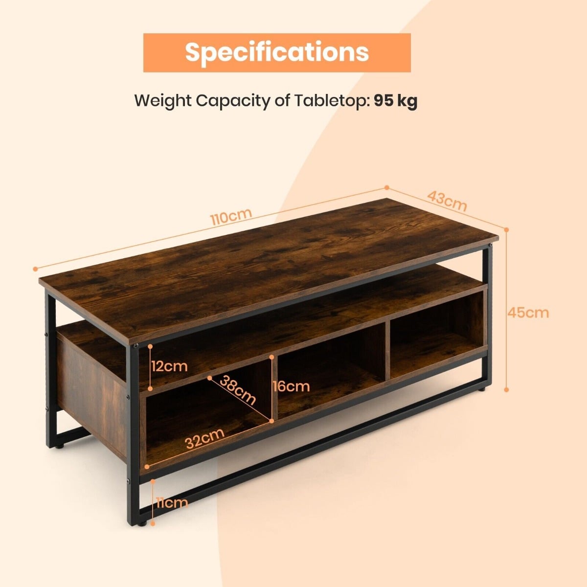 Industrial 3-Tier Coffee Table Home Cocktail Table with Storage