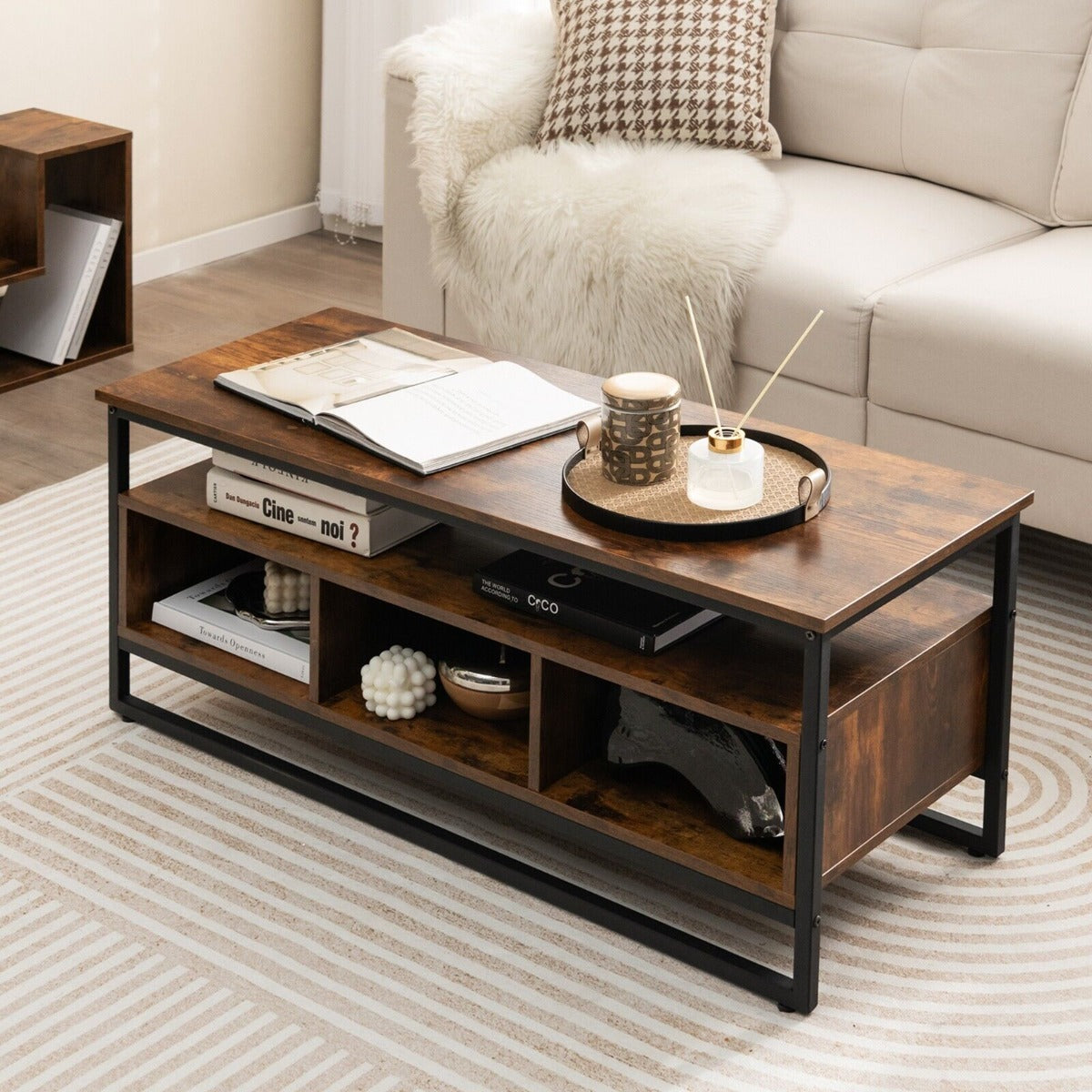 Industrial 3-Tier Coffee Table Home Cocktail Table with Storage