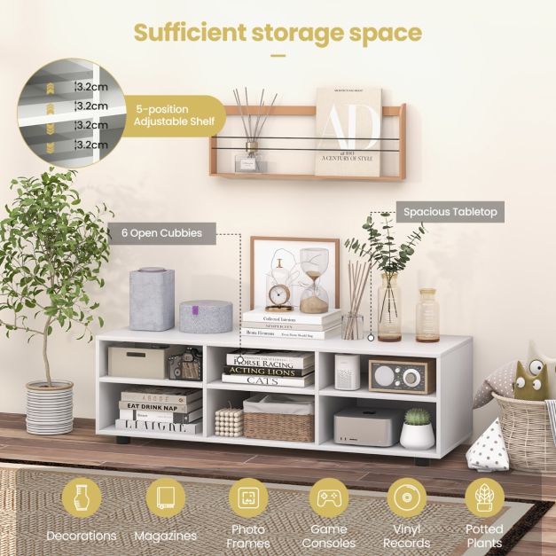 6-Cubby TV Stand TV Console Table with Adjustable Shelves-White