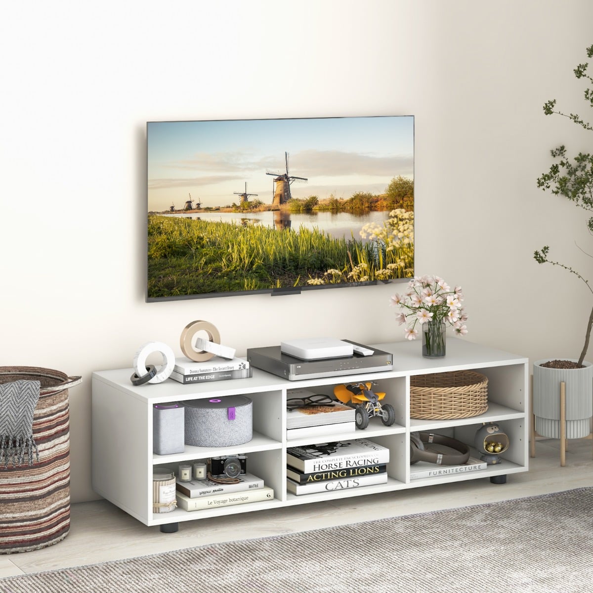 6-Cubby TV Stand TV Console Table with Adjustable Shelves-White