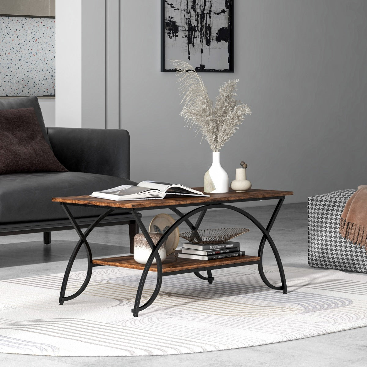 Coffee table with shelf and metal frame Modern sofa table 100 x 50 x 45 cm vintage brown