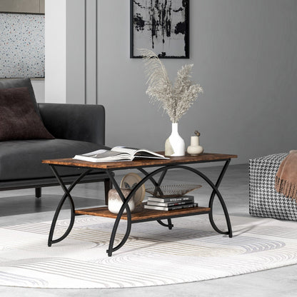 Coffee table with shelf and metal frame Modern sofa table 100 x 50 x 45 cm vintage brown