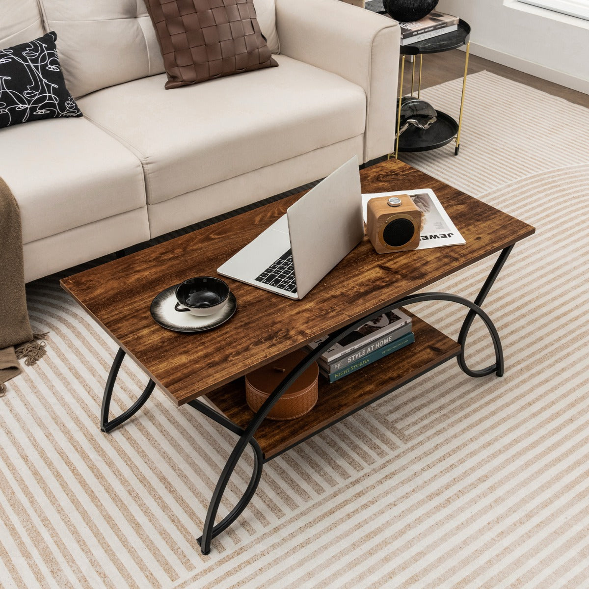 Coffee table with shelf and metal frame Modern sofa table 100 x 50 x 45 cm vintage brown