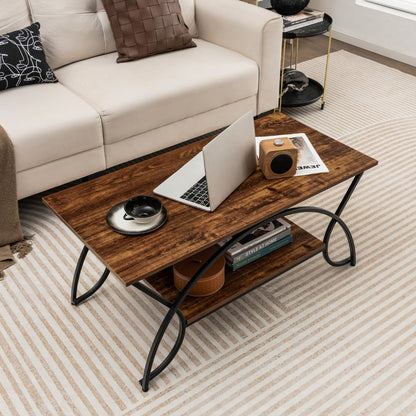 Coffee table with shelf and metal frame Modern sofa table 100 x 50 x 45 cm vintage brown