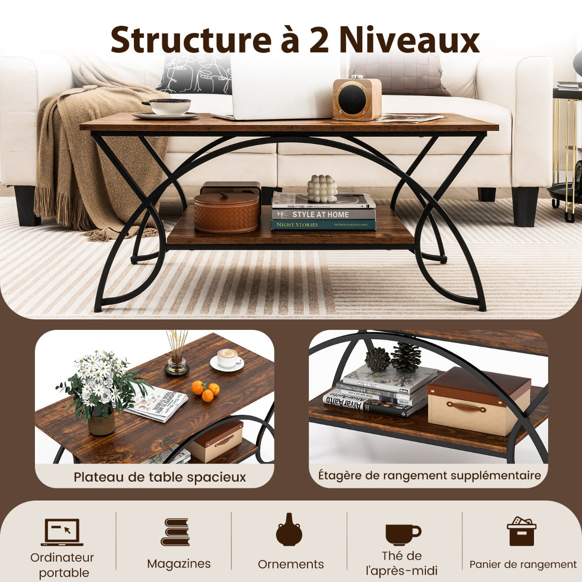 Coffee table with shelf and metal frame Modern sofa table 100 x 50 x 45 cm vintage brown