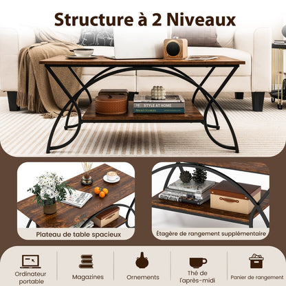 Coffee table with shelf and metal frame Modern sofa table 100 x 50 x 45 cm vintage brown