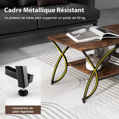 Coffee table with shelf and metal frame Modern sofa table 100 x 50 x 45 cm vintage brown