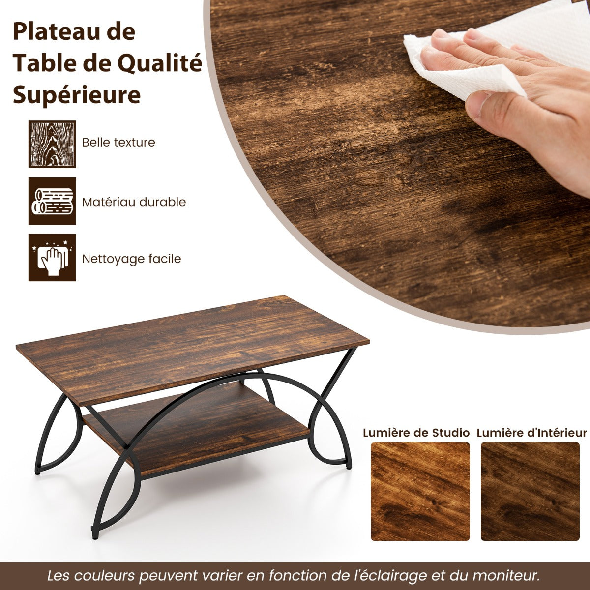 Coffee table with shelf and metal frame Modern sofa table 100 x 50 x 45 cm vintage brown