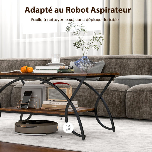 Coffee table with shelf and metal frame Modern sofa table 100 x 50 x 45 cm vintage brown