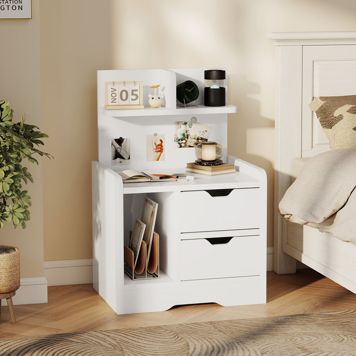 HOMCOM Bedside Table with 2 Drawers and Open Shelves - High Gloss White