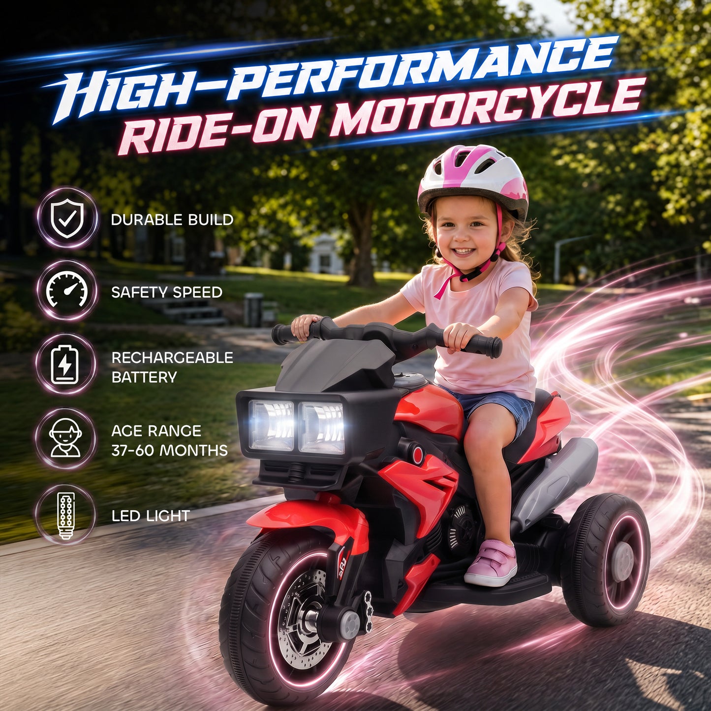 AIYAPLAY Kids Electric Motorcycle Ride-On Toy, 3-Wheel Battery-Operated Motorbike with Horn, Toddler Ride On Bike, Red