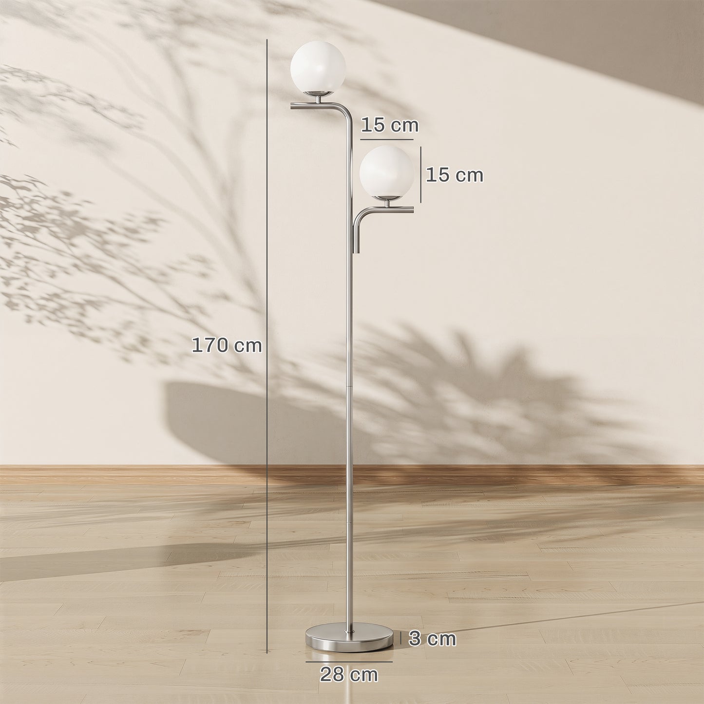 HOMCOM LED Floor Lamp, Modern Standing Lamp with 3 Colour Temperatures, Globe Glass Shades and Foot Switch, Silver Tone