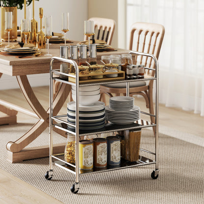 HOMCOM 3 Tier Stainless Steel Kitchen Storage Trolley with Adjustable Shelf - Silver