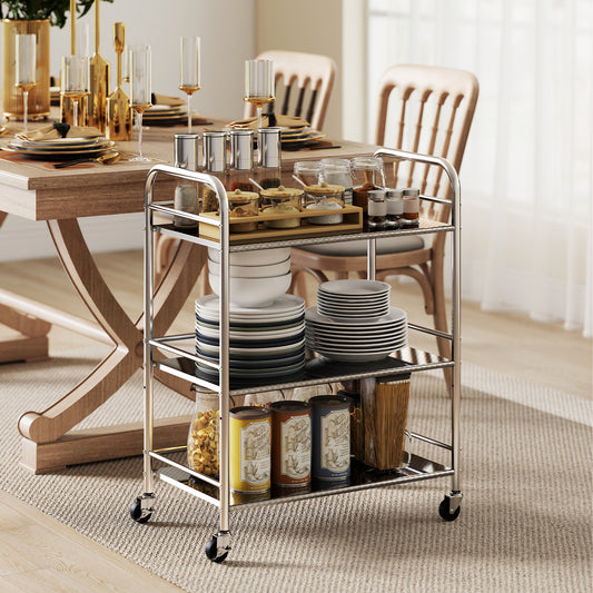 HOMCOM 3 Tier Stainless Steel Kitchen Storage Trolley with Adjustable Shelf - Silver