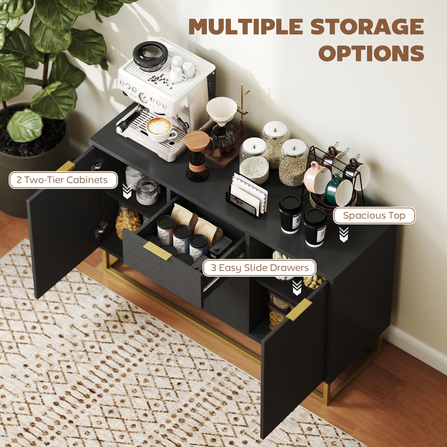 HOMCOM Sideboard with 3 Drawers and Adjustable Shelves for Living Room - Black