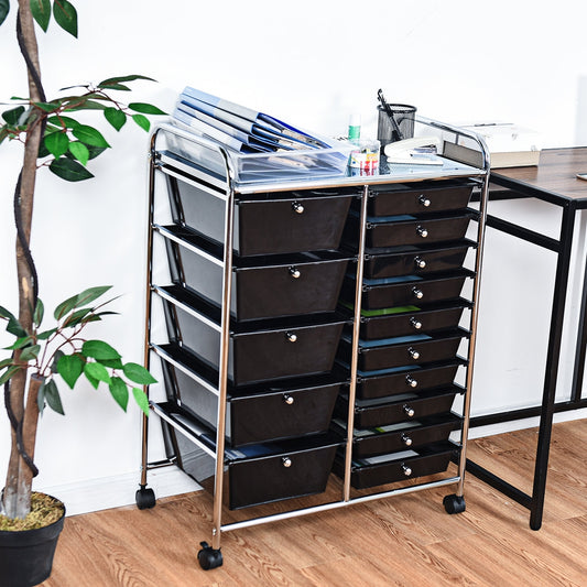 15 Drawer Rolling Storage Cart with Wheels for Home Office Black