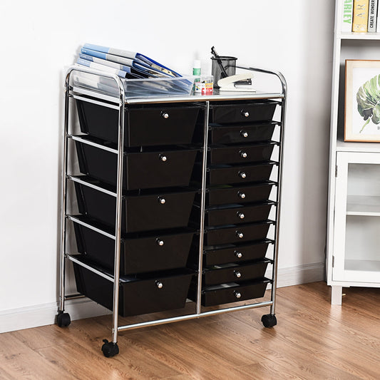 15 Drawer Rolling Storage Cart with Wheels for Home Office Black