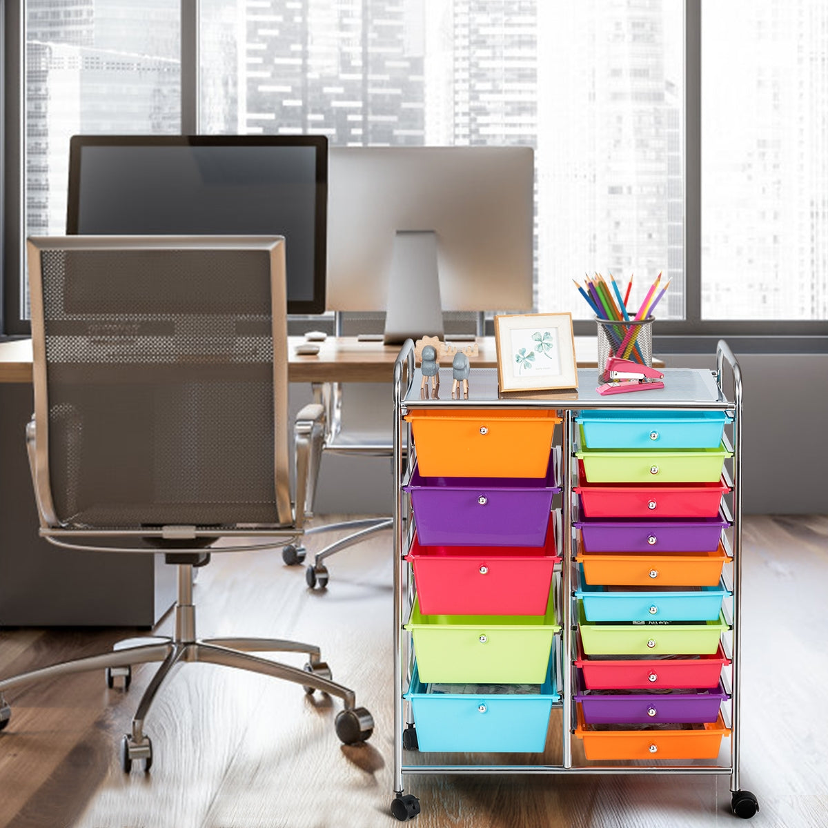 15 Drawer Rolling Storage Cart with Wheels for Home Office-Macaroon