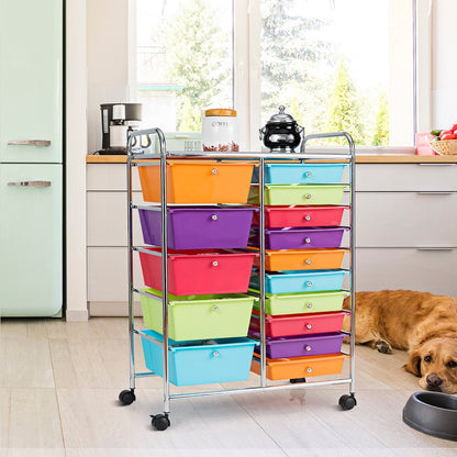 15 Drawer Rolling Storage Cart with Wheels for Home Office-Macaroon