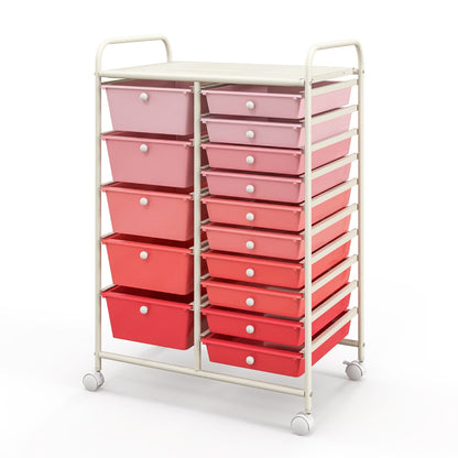 15-Drawer Utility Rolling Organizer Cart Multi-Use Storage-Pink