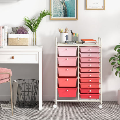 15-Drawer Utility Rolling Organizer Cart Multi-Use Storage-Pink