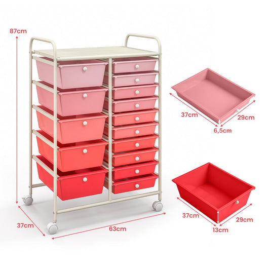 15-Drawer Utility Rolling Organizer Cart Multi-Use Storage-Pink