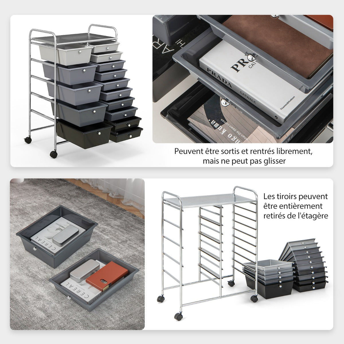 15-Drawer Utility Rolling Organizer Cart Multi-Use Storage-Black & Gray