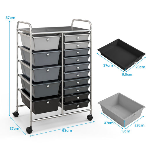 15-Drawer Utility Rolling Organizer Cart Multi-Use Storage-Black & Gray