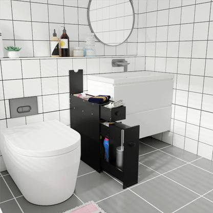 Narrow niche shelf with drawers bathroom cabinet made of wood side cabinet black