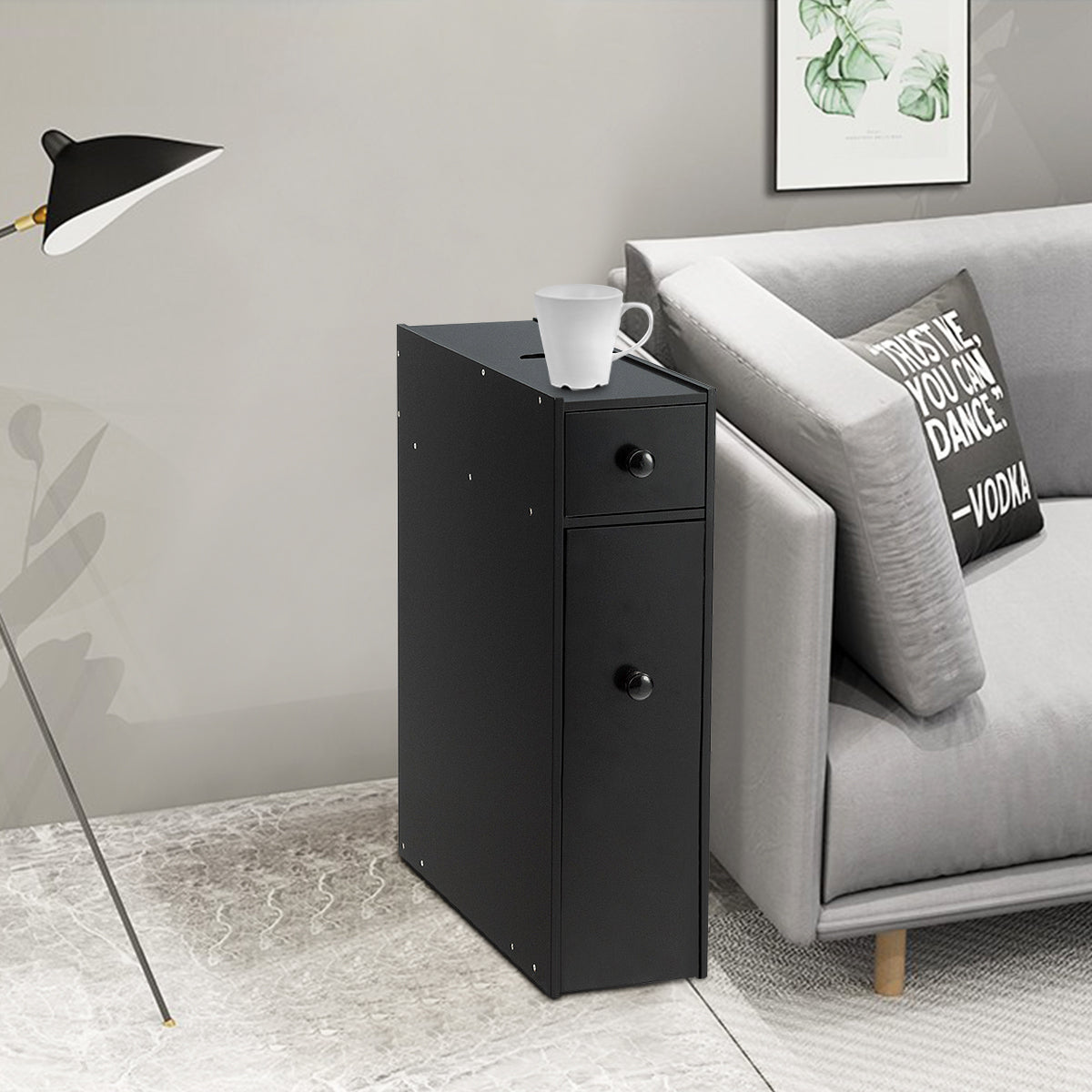 Narrow niche shelf with drawers bathroom cabinet made of wood side cabinet black