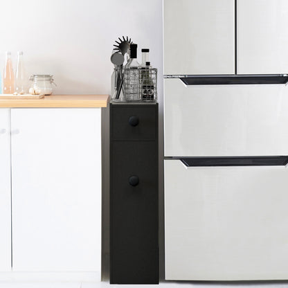 Narrow niche shelf with drawers bathroom cabinet made of wood side cabinet black
