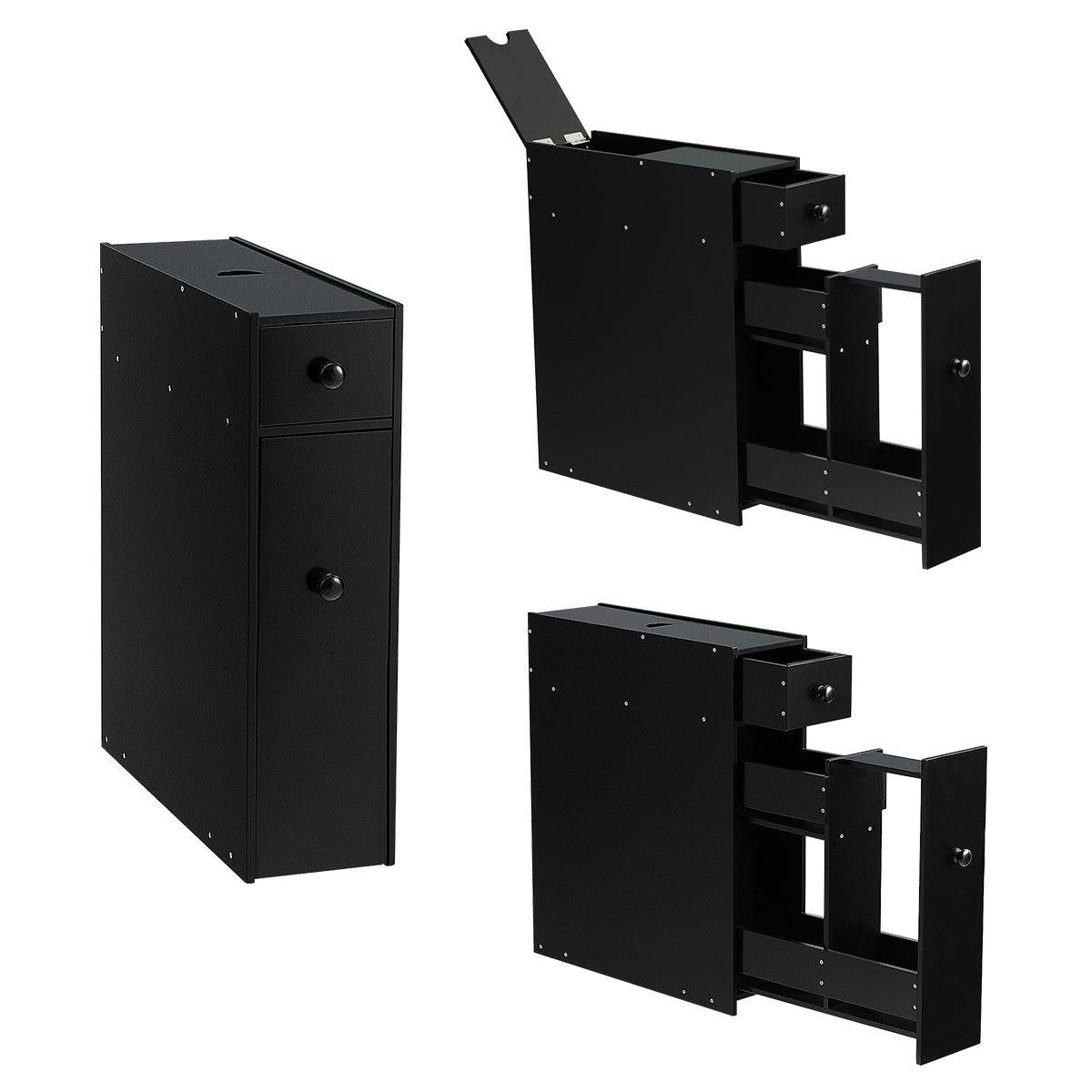 Narrow niche shelf with drawers bathroom cabinet made of wood side cabinet black