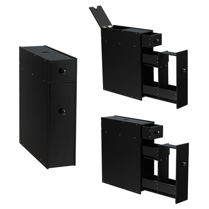 Narrow niche shelf with drawers bathroom cabinet made of wood side cabinet black